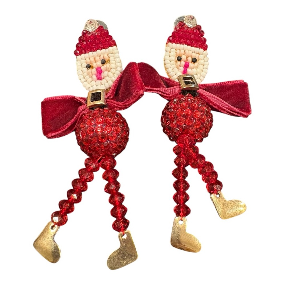 Holiday Santa Dangle Earrings Red Beads & Velvet Bow Christmas Statement J22